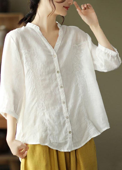 French Khaki Embroideried V Neck Ramie Blouse Top Summer