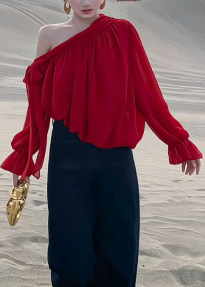 Stylish Red Lace Up Solid Chiffon Shirt Fall