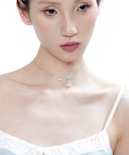 Elegant Blue Crystal Bow Pearl Silver Choker
