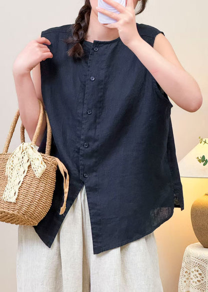 Simple Navy O Neck Button Solid Linen Shirt Sleeveless