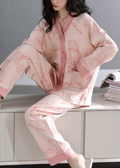 Pink Print Pockets Cotton Pajamas Two-Piece Set V Neck Fall
