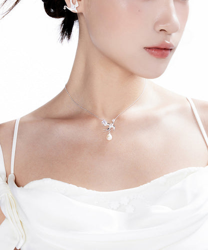 Beautiful Water Zircon Droplet Pearl Little Bird Silver Choker