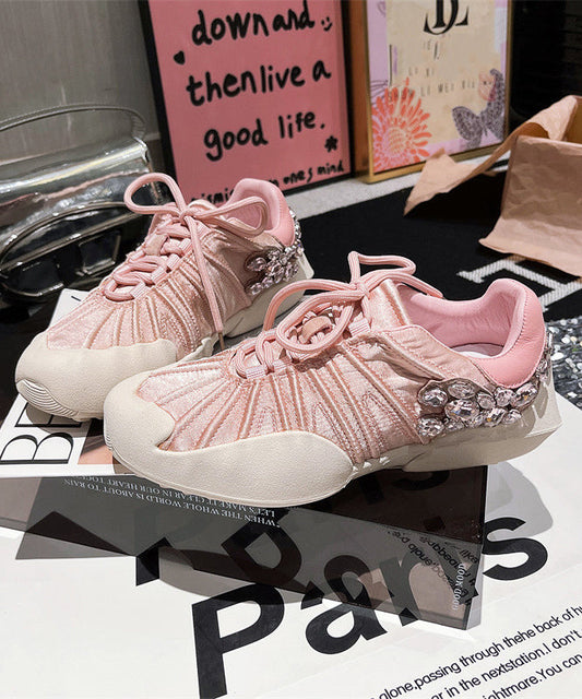 Pink Canvas Lace Up Zircon Splicing Flat Shoes For Women