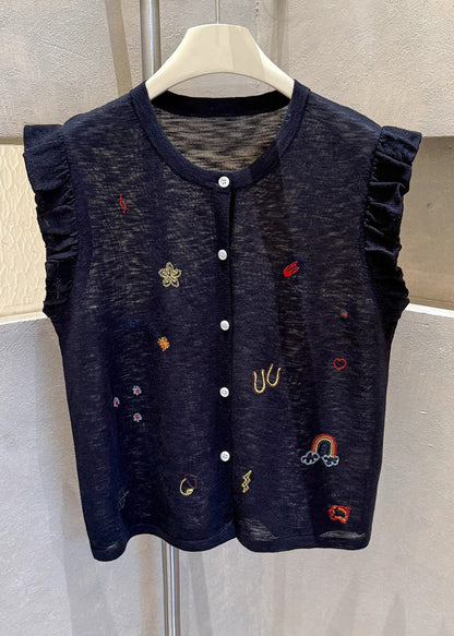 Casual Grey Embroideried Button Down Cotton Vests Sleeveless