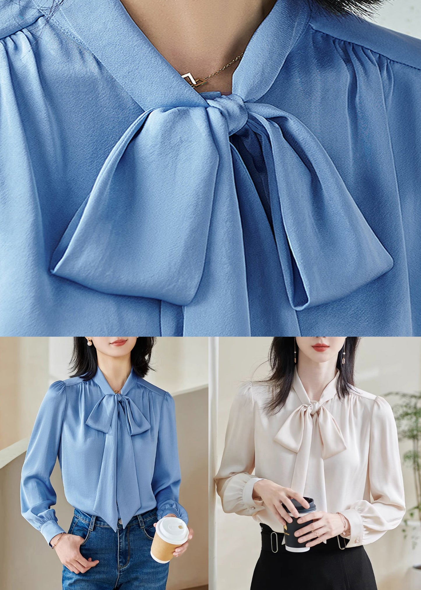 Stylish Blue Bow Patchwork Solid Shirt Fall
