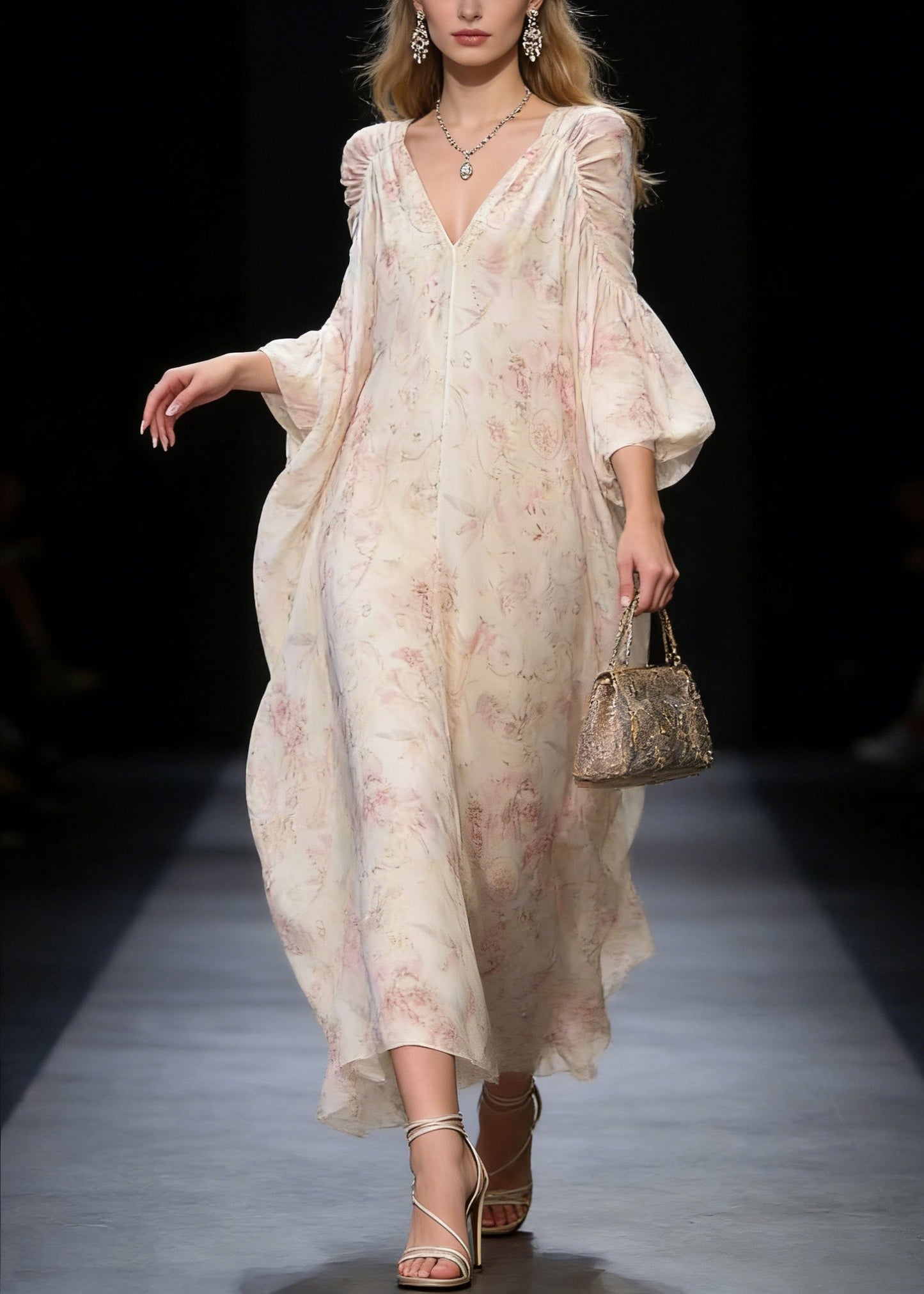 Original Design V Neck Print Wrinkled Chiffon Long Dress Spring