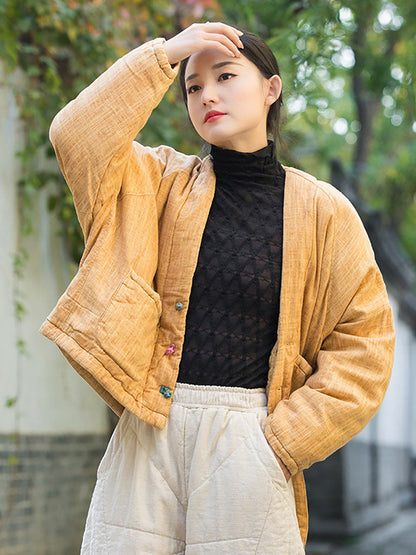 Women Winter Artsy Worn Solid Button Pocket Linen Coat