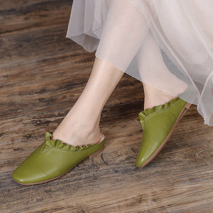 Women Summer Vintage Leather Ruffle Trim Casual Slippers