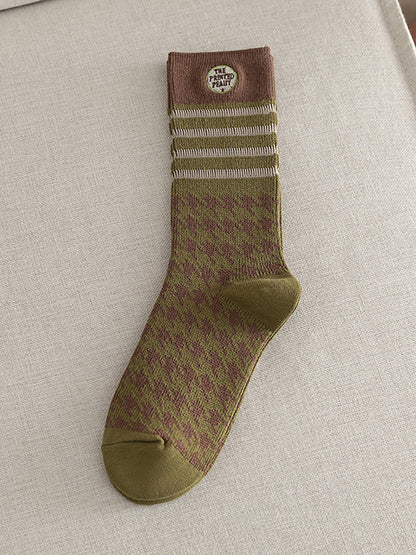 5 Pairs Women Vintage Mid Tube Striped Cotton Socks