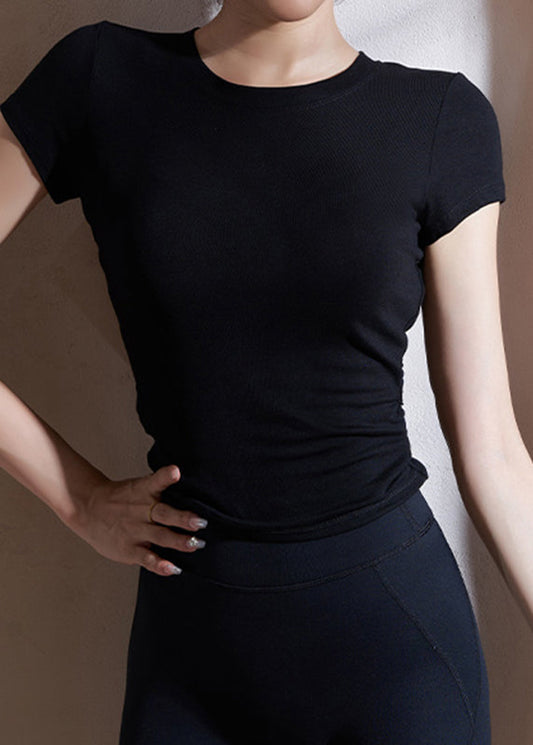 Black Hollow Out Solid Modal Cotton Yoga T Shirts