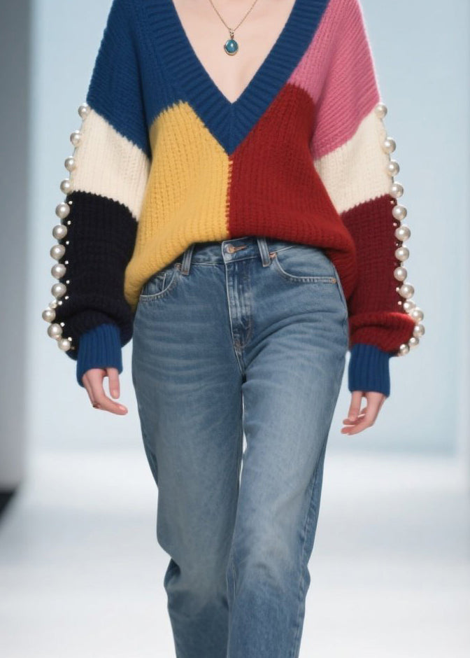 Plus Size Colorblock Nail Bead Patchwork Knit Pullover Fall