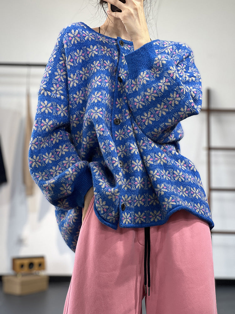 Knit Lazy Single-Breasted Jacquard Thermal Cardigan Sweater