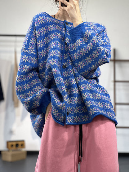 Knit Lazy Single-Breasted Jacquard Thermal Cardigan Sweater