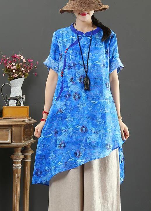 Vintage Purple Print Linen asymmetrical design Shirt Summer