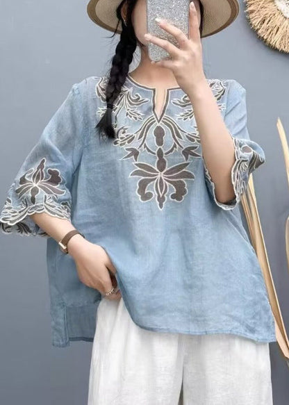 Boho White Embroidered Cotton Shirt Tops Bracelet Sleeve