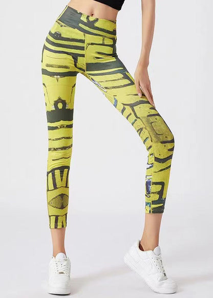 Best Yellow Print High Waist Capri Running Leggings