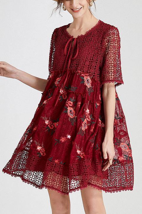 Women Black Embroidery Lace Bow Summer Dress