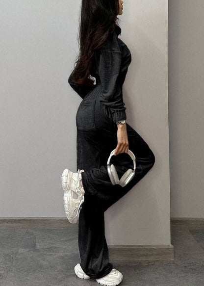 Black Pockets Elastic Waist Silk Velvet Two Pieces Set Zip Up