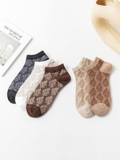 5 Pairs Women Pure Cotton Floral Vintage Boat Socks