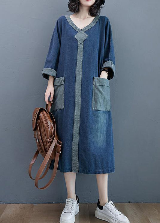 French O Neck Patchwork  Dresses Outfits Denim Blue Robe Dresses