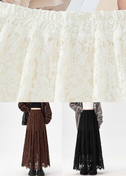 Black Elastic Waist Solid Lace Skirt Hollow Out