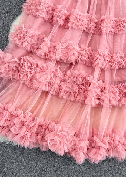 Cute Pink Ruffled Patchwork Tulle Cake Skirt Spring