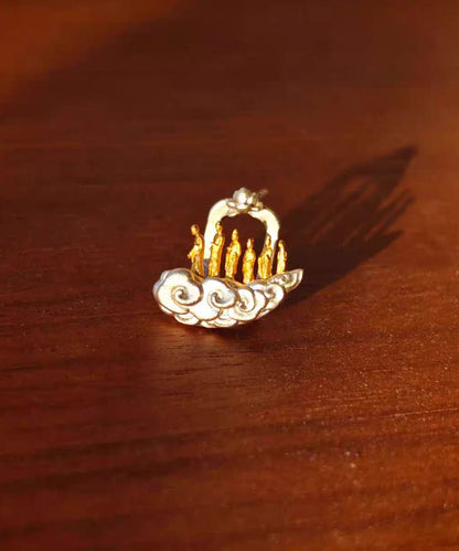 Vintage Gold Sterling Silver Overgild Auspicious Clouds Lotus Six Buddhas Stud Earrings