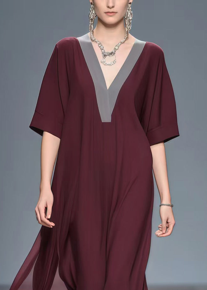 Vintage Mulberry V Neck Patchwork Chiffon Long Dress Summer