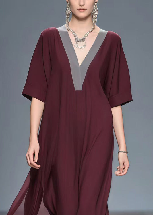Vintage Mulberry V Neck Patchwork Chiffon Long Dress Summer