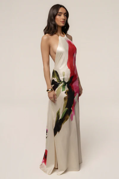 Halter Open-Back Watercolor Print Satin Maxi Dress