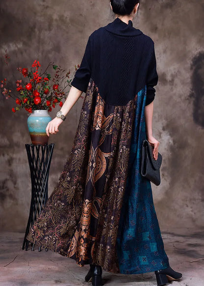 Casual Blue Patchwork Coffee Turtleneck Print Silk Maxi Dress Long Sleeve