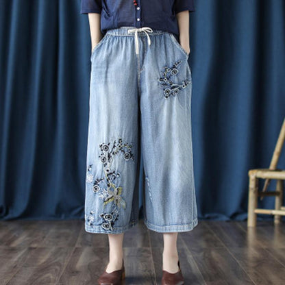 Retro Jeans Embroidered Cropped Wide-Leg Pants