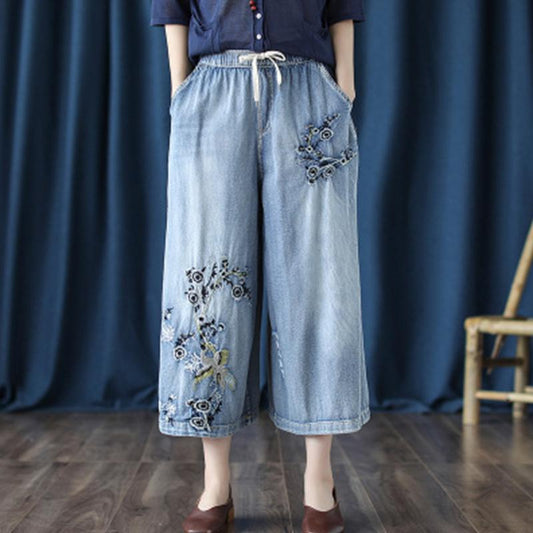 Retro Jeans Embroidered Cropped Wide-Leg Pants