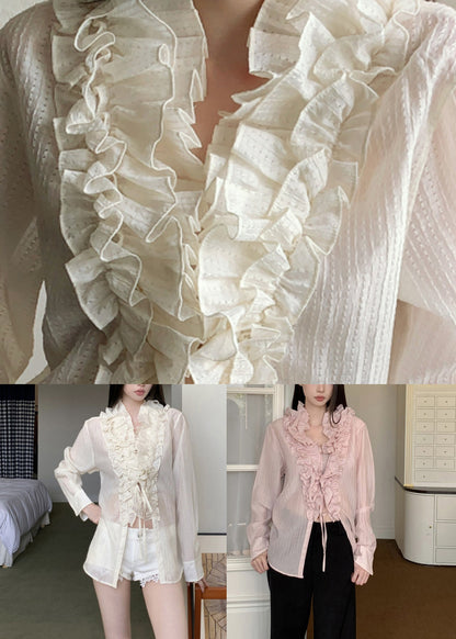 Beige Tie Waist Solid Top Ruffled Long Sleeve