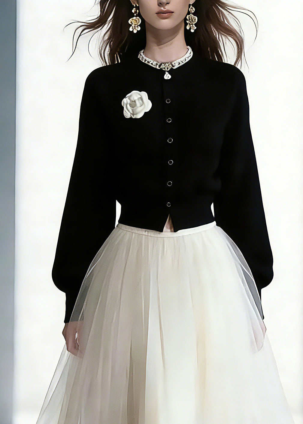 Cute Cotton Knit Cardigans And Tulle Maxi Skirts Two Piece Set Spring
