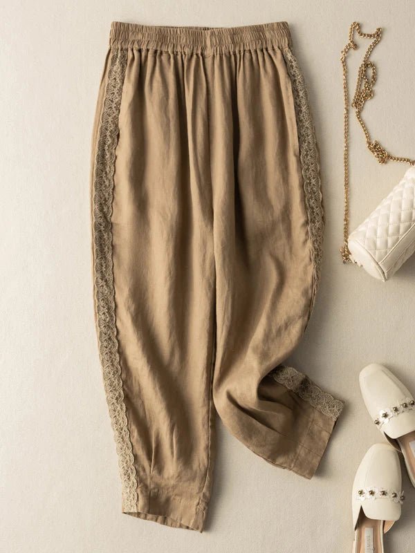 Pure Color Lace Stitching Casual Linen Harem Pants With Pockets