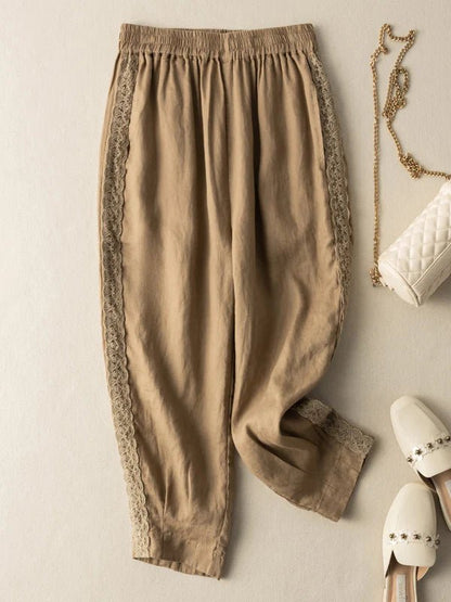 Pure Color Lace Stitching Casual Linen Harem Pants With Pockets