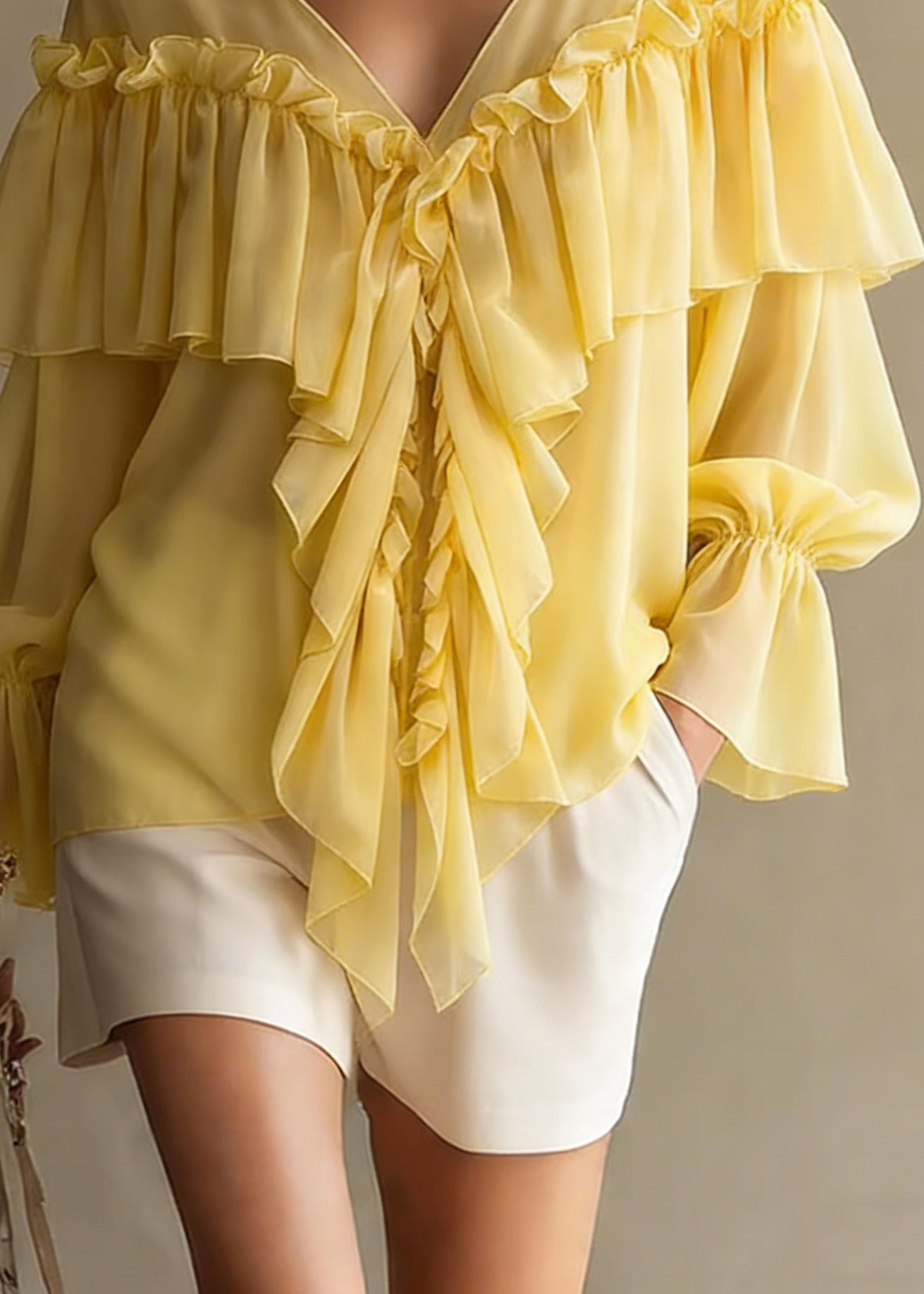 Yellow Ruffled Button Chiffon Shirt Tops V Neck Spring