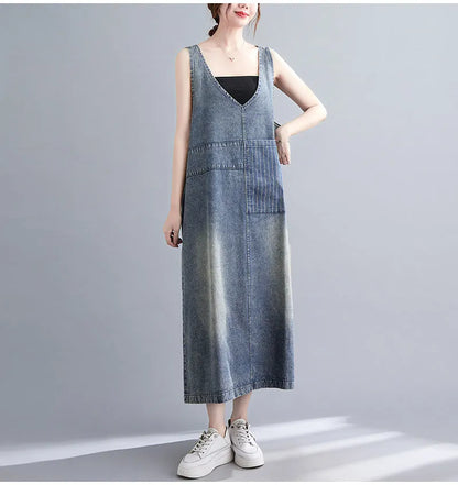Vintage Literary Washed V-Neck Sleeveless Denim Dress