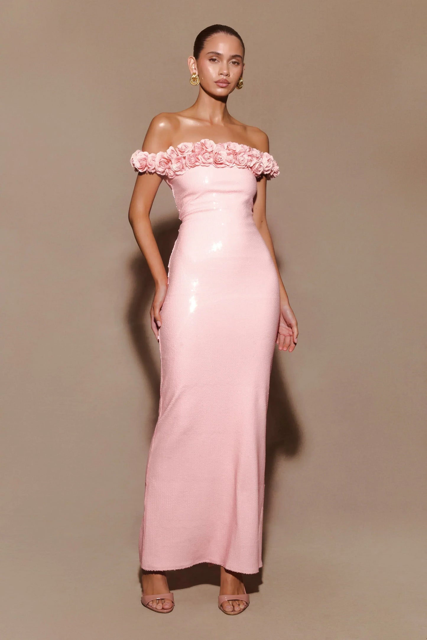 Carrie Sequin Rose Maxi Dress - Pale Pink