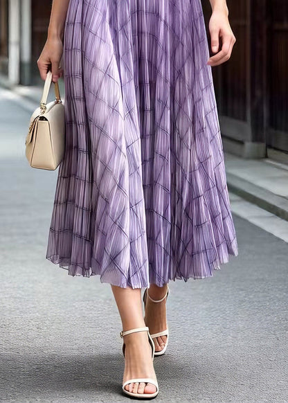 Fitted Purple Plaid Wrinkled Tulle Skirts Summer