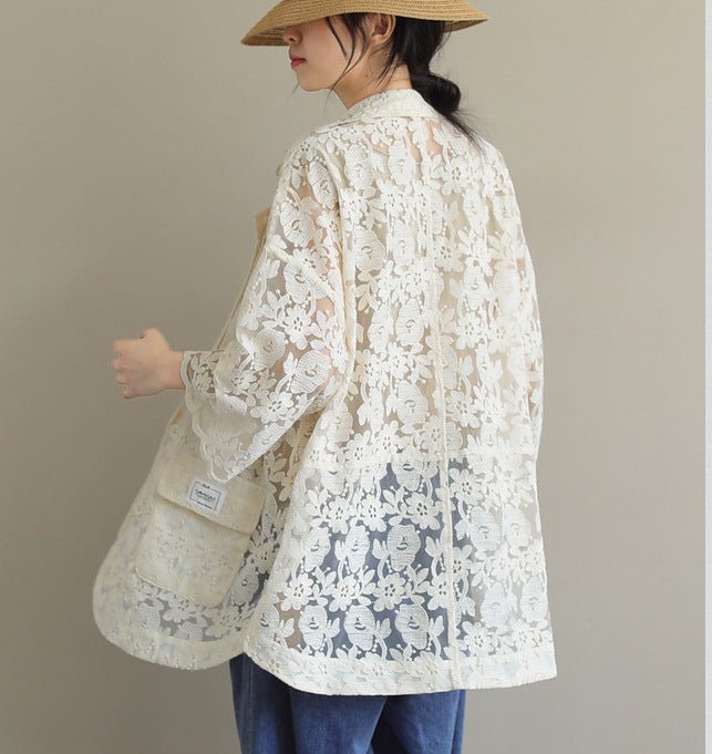 Loose Lace Embroidered Suit Collar Casual Slim Coat