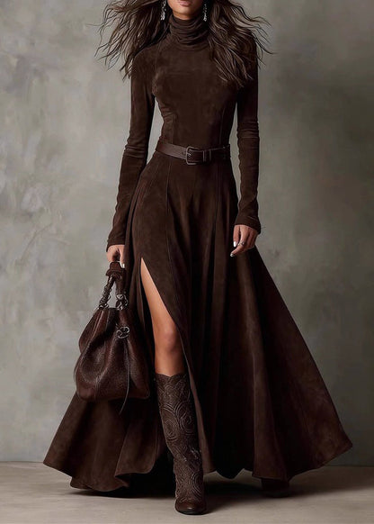 Sexy Coffee Patchwork Sashes Side Open Maxi Dresses Spring