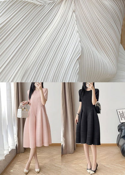 Elegant Beige Wrinkled High Waist Solid Cotton Dresses