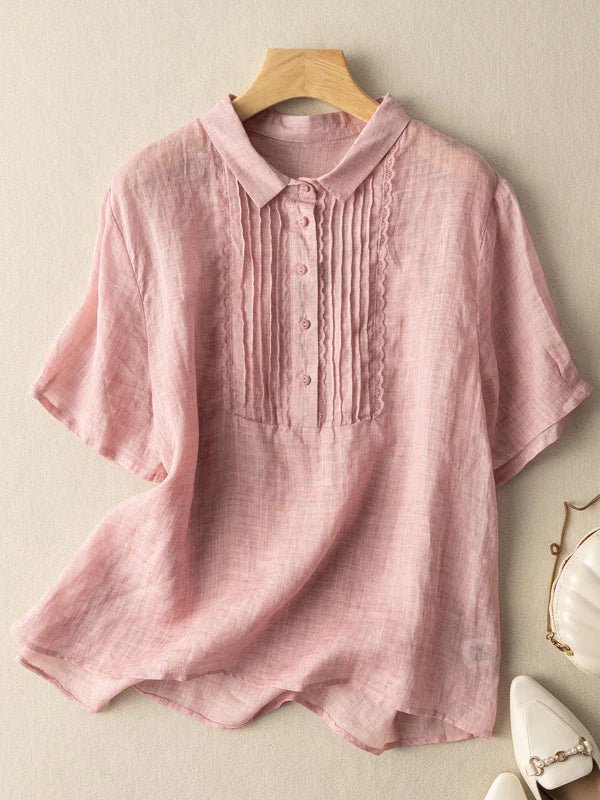 Solid Color Short Sleeve Casual Linen Pleated Top