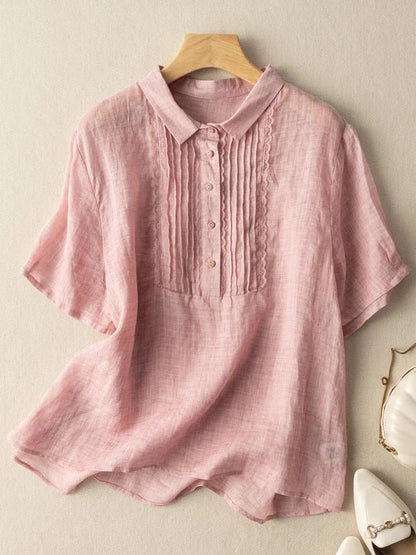 Solid Color Short Sleeve Casual Linen Pleated Top