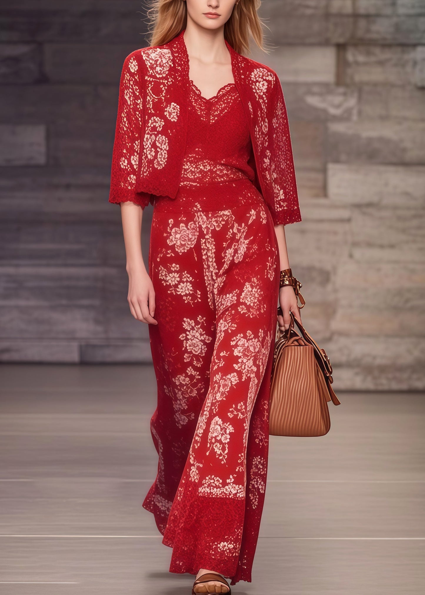 Women Red Print Lace Patchwork Spandex Two-Piece Set Summer
