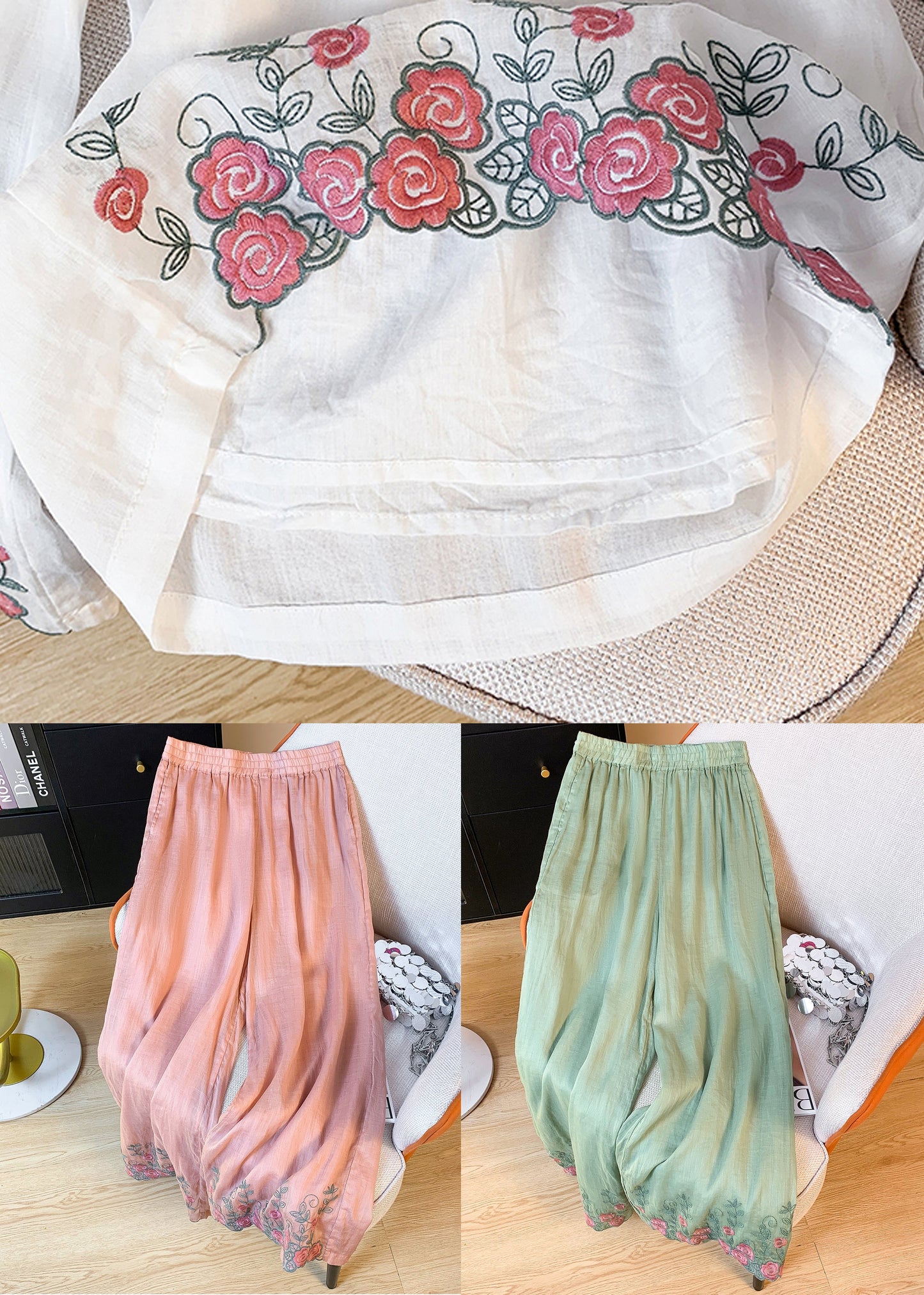 Women Pink Embroidered Elastic Waist Linen Wide Leg Pants Summer