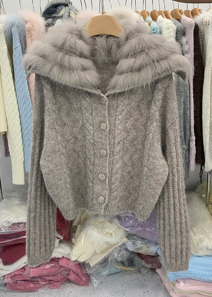 Chic Coffee Fox Collar Zippered Patchwork Cotton Knit Cardigans Winter
