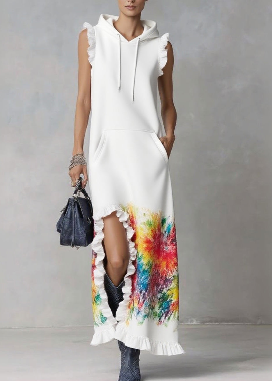Elegant White Ruffled Print Drawstring Vacation Hooded Dresses Summer